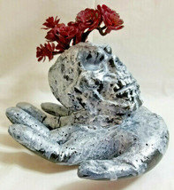 Handcrafted Cement Hand &amp; Skull Sculpture by Bren Indoors or Outside Gar... - £34.75 GBP