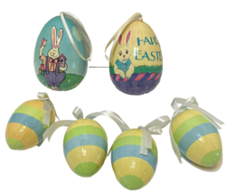 Lot 6 Decoupaged Happy Easter Eggs Bunny Chick Striped Decorations 2.5&quot; to 3.5&quot; - £8.73 GBP