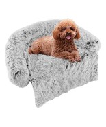 White Plush Calming Dog Couch Bed with Anti-Slip Bottom-S - Color: White... - $52.58