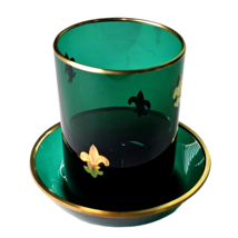 Small Tumbler Shot Glass Cup Lead Glass Green Fleur De Lys Gold 3in Plat... - $24.99