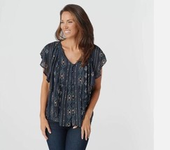 Haute Hippie Tribe &#39;Karen&#39; Printed Flutter-Sleeve Blouse Navy Ikat, Medium - $44.99