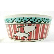 PEANUTS Running Snoopy Classic Small Pet Bowl Pink Stripes Stoneware Cat... - $20.37