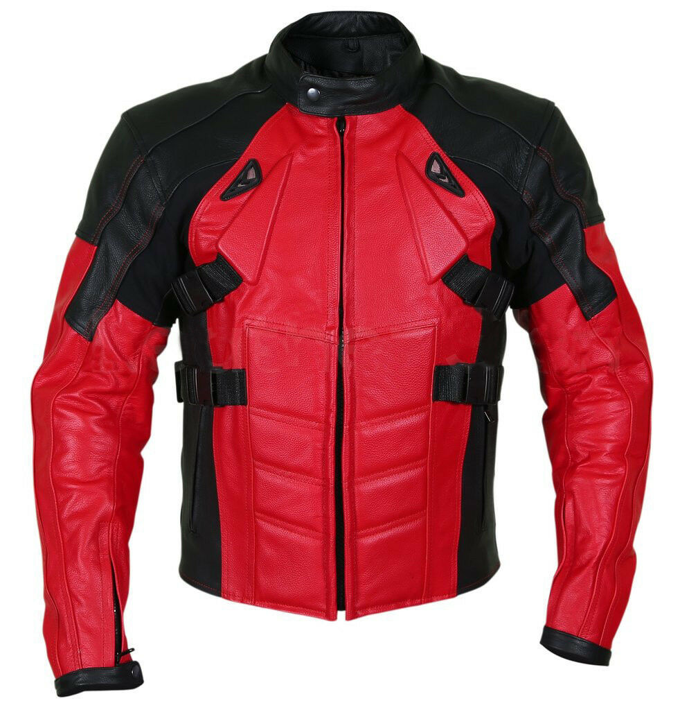 Customized Men Black Red Cont Motorbike Real Genuine Leather Safety Pads jacket