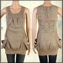 Monarchy Filigree Two Side Pocket Banded Womens Long Tunic Tank Top Tan ... - £48.61 GBP