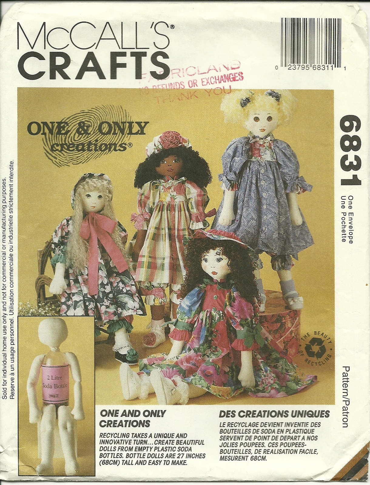 McCall's Sewing Pattern 6831 Dolls New Uncut Recycle Soda Bottles - $6.99