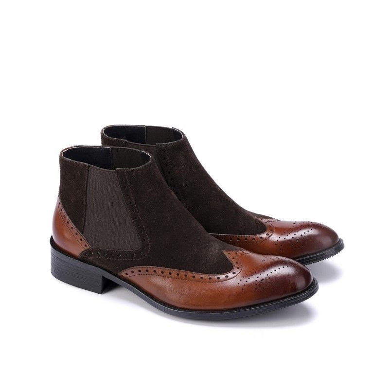 NEW Handmade Chelsea 2 Tone Brown Burnished Brogue Boot, Wing Tip Suede Leather