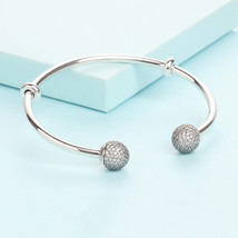 925 Sterling Silver Open Bangle with Clear Cz Pave Ball Bangle Bracelet - £23.49 GBP