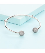 925 Sterling Silver Open Bangle with Clear Cz Pave Ball Bangle Bracelet - $552.42 MXN