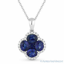 1.91ct Sapphire &amp; Diamond Flower Pendant in 18k White Gold w/ 14k Chain Necklace - £2,066.35 GBP