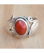 Real Coral Ring Sterling Silver Ring For Women Leaf Ring Oval Stone Ring... - $39.00