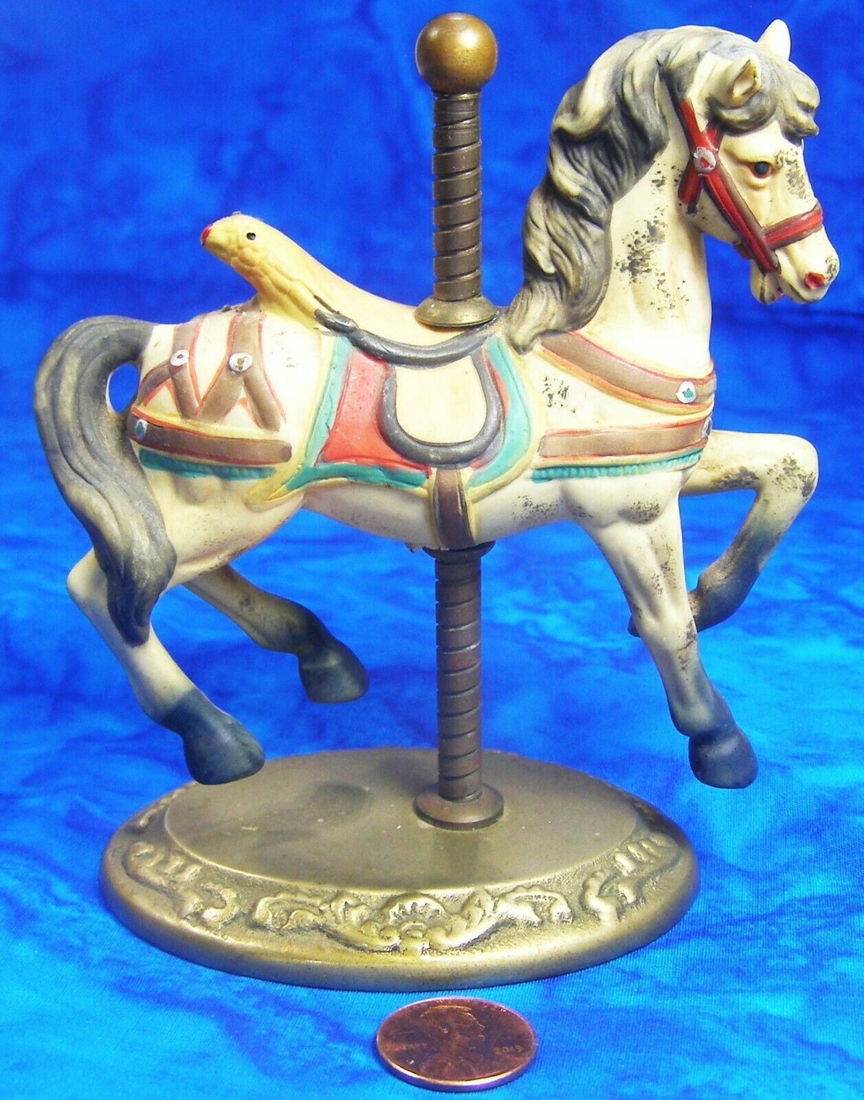 Primary image for Unknown Brand Porcelain Carousel Horse w/ Brass Pole & Base Brown/red/green ZMA