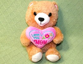 Love You Mom Teddy Valentine Bear Plush Hallmark 9&quot; Stuffed Animal Pink Heart - £6.53 GBP