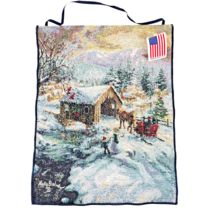 Christmas Banner Tapestry Lighted Horse Drawn Sleigh Snowy Covered  Bridge - £19.32 GBP