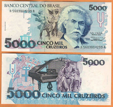 BRAZIL  ND (1993) UNC 5000 Cruzeiros Banknote Paper Money Bill P- 232c Prefix A - £1.96 GBP