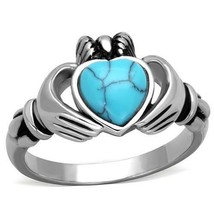 Simulated Turquoise Heart Claddagh Ring Stainless Steel TK316 - £14.07 GBP