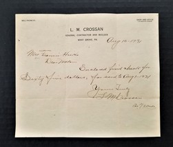 1921 antique WEST GROVE pa L M CROSSAN builder receipt Francis Hicks #1 - $34.60