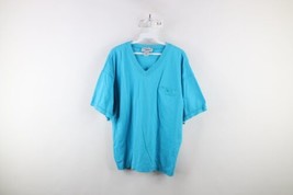 Vtg 90s Streetwear Womens Large Faded Blank Pocket V-Neck T-Shirt Blue Cotton - £23.67 GBP