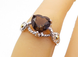 925 Silver &amp; 18K GOLD - Smoky Topaz Heart Two Tone Solitaire Ring Sz 6 - RG3941 - £32.99 GBP
