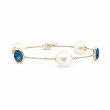 ANGARA Freshwater Pearl and Oval London Blue Topaz Bracelet in 14K Solid Gold - £684.84 GBP