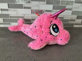 Pink Narwhal Unicorn Fish Stuffed Toy 13&quot; Plush w Star Sparkles - Exc Condition - £11.68 GBP