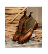 Men&#39;s Handmade Brown Green Wingtip Cowhide Leather Lace Up Boots, Men Br... - £142.63 GBP