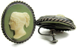 Green &amp; White Cameo Vintage Sterling Silver Screw Back Earrings Patina - £995.68 GBP