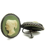Green &amp; White Cameo Vintage Sterling Silver Screw Back Earrings Patina - £1,003.42 GBP