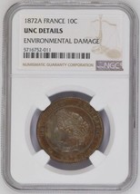1872 A France 10 Centimes 10C NGC Certifié Hors-Circulation Rare Monnaie - £33.51 GBP