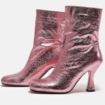 Women&#39;s Shiny Pink Round Toe Slip-On High Heel Chelsea Style Ankle Boots US6-9.5 - £51.52 GBP+