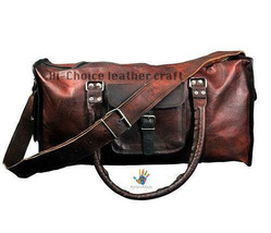 Vintage Men&#39;s Brown Genuine Leather Goathide Travel Luggage Duffle Gym Bag - £60.26 GBP