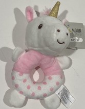 Plush Rattle Pink &amp; White Unicorn  Soft Easy To Hold Design Ages 0+ Moon &amp; Stars - £4.70 GBP