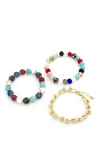 New Link Chain Stone &amp; Multi Color Beaded Bracelet Set - £17.45 GBP
