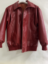 Red Lapel Zipper Leather Cropped Coat Autumn Casual Long Sleeve Patchwork Jacket - £68.10 GBP