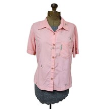 Columbia Shirt Women Small Pink Short Sleeve Button Front Palm Tree Flam... - £13.45 GBP