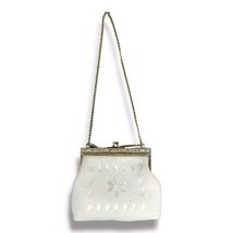 White Beaded Evening Clutch Vintage Bag Purse Goldtone Chain Made in Macau - $19.95