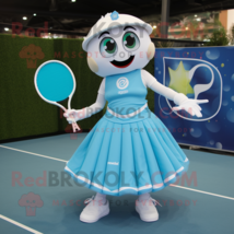 Teal Tennis Racket mascot costume character dressed with a Circle Skirt and Glov - £949.10 GBP