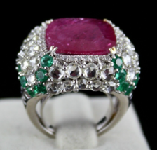 Important Natural Ruby Cushion Rose Cut Diamond Emerald 18K Gold Cocktail Ring - £17,030.51 GBP