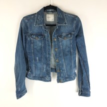 Zara Trafaluc Womens Denim Jacket Distressed Retro Trucker Medium Wash XS - £22.78 GBP