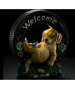 Solar Welcome Puppy Sleeping in Tire Statue Dog Figurine Garden Patio De... - $44.50