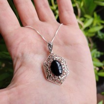 New Solid 925 Sterling Silver Black Agate Ornate Pendant Necklace - £23.14 GBP