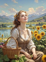 Art Giclee Oil Painting Girls dress, natural scenery sunflower flower basket #02 - $8.59+