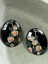 Large Thin Black Enamel Oval w Painted Light Pink Rose Flowers Post Earrings for - $11.29
