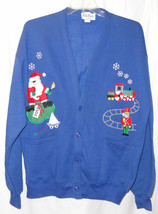FLEECE Jacket One Size Christmas Santa Train Soldier Blue OS Holiday Cardigan - £15.18 GBP