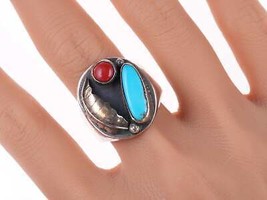 sz12.5 Vintage Navajo Sterling - Turquoise and coral ring - £120.11 GBP