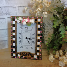 Courtly Clock Black and White Checks Decor with Pink Roses Whimsy Checks Clock - £39.16 GBP