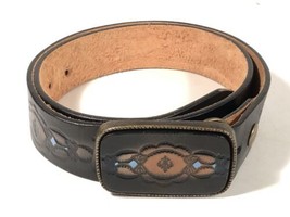 Vintage Solid Brass Belt Buckle Tooled Leather With Matching Belt Made I... - £23.29 GBP