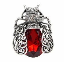 Vintage Look Silver Plated Red BEETLE Brooch Suit Coat Broach Collar Pin B480H - £12.25 GBP