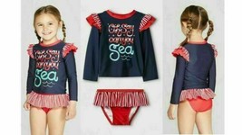 Cat &amp; Jack &quot;Oh Say Can You Sea&quot; Girl Rashguard 2 Pcs Swimsuit Navy/Red 18M - $5.68