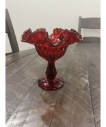 Vintage Fenton Ruby Red Thumbprint Double Crimped Footed Compote Gold Crest - $44.66 CAD