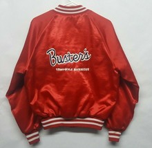 Vtg 80s Busters Texas Barbecue BBQ Smoke House Shiny Red Satin Jacket King Louie - £56.98 GBP